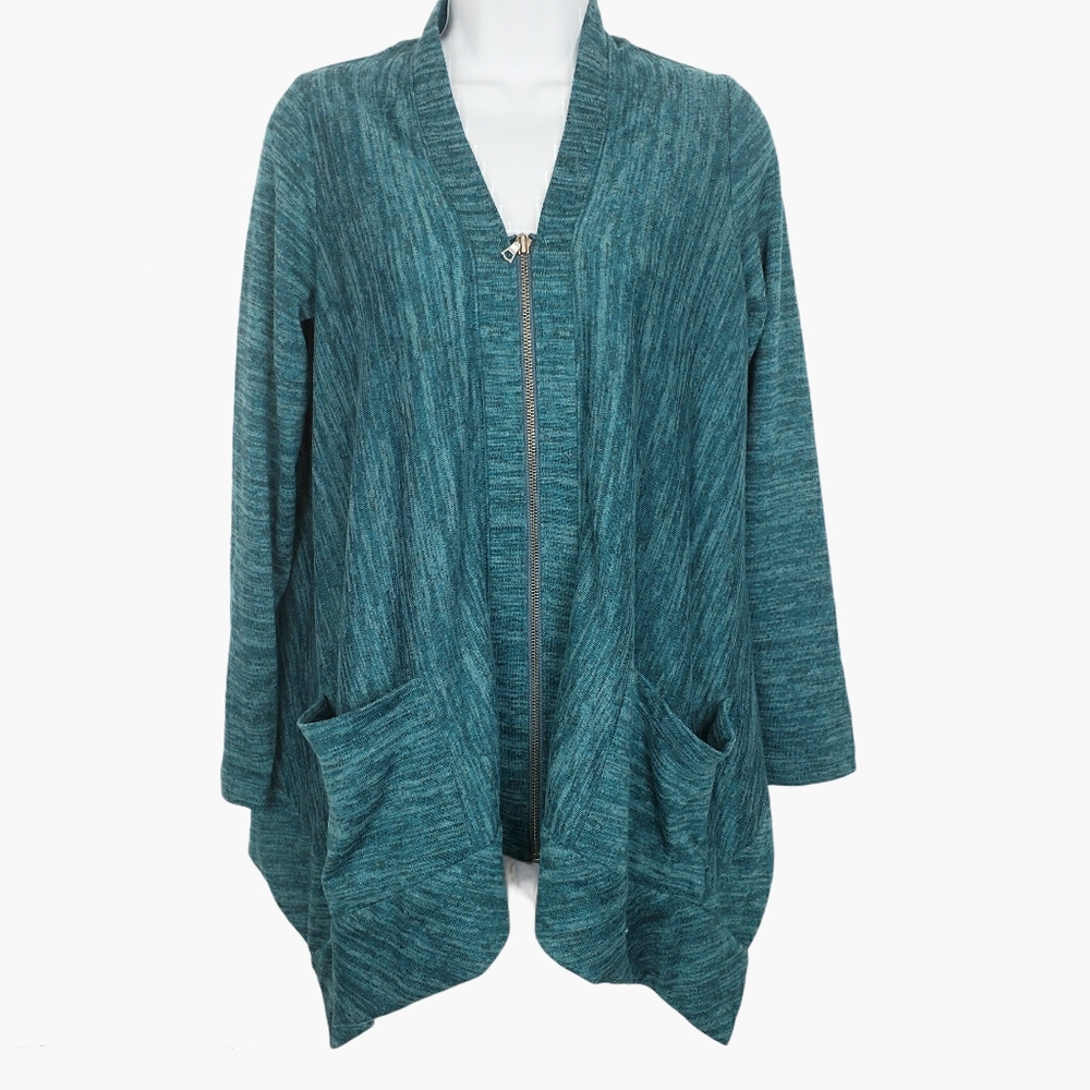 LOGO lori goldstein green shark bite hem cardigan